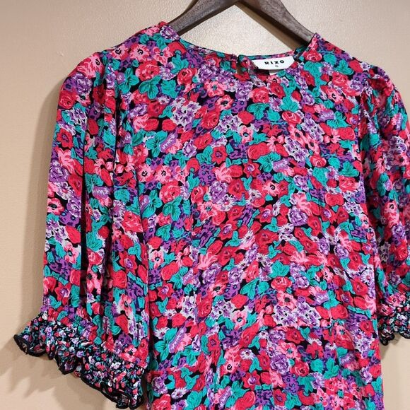 RIXO Dress Pink Purple Floral Puff Sleeve Mini Ruffle Cottage Size 6 - Picture 2 of 10